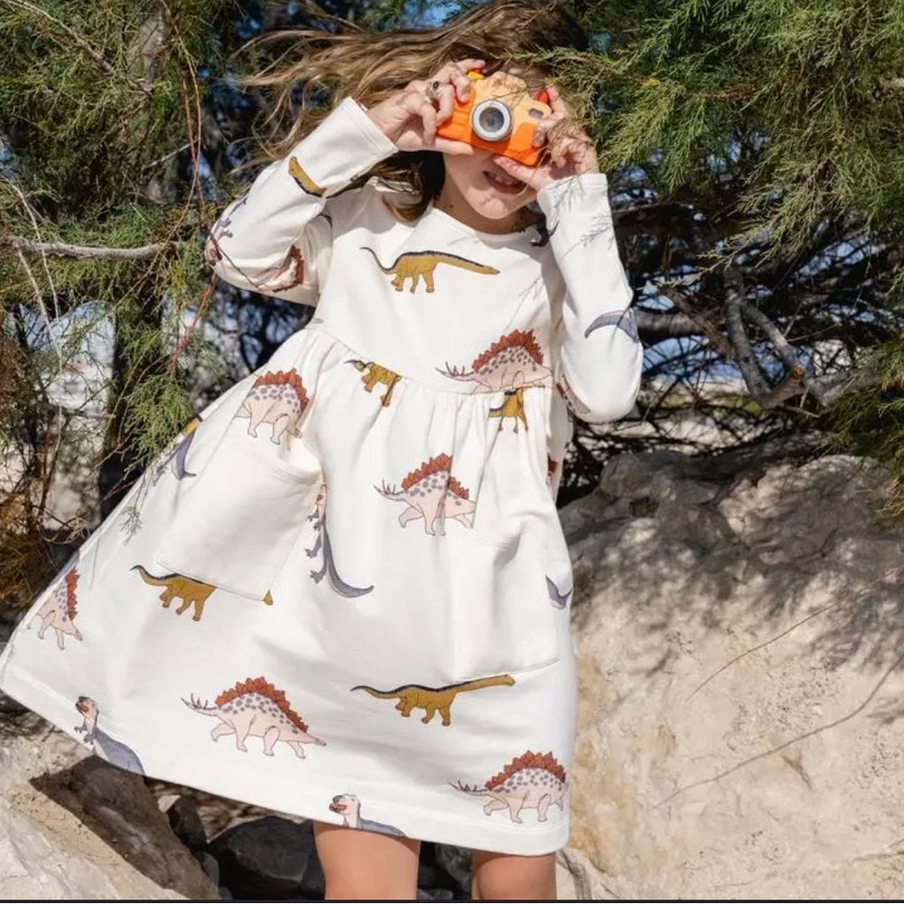 Girls Cream Dinosaur Print Long Sleeve Casual Dress